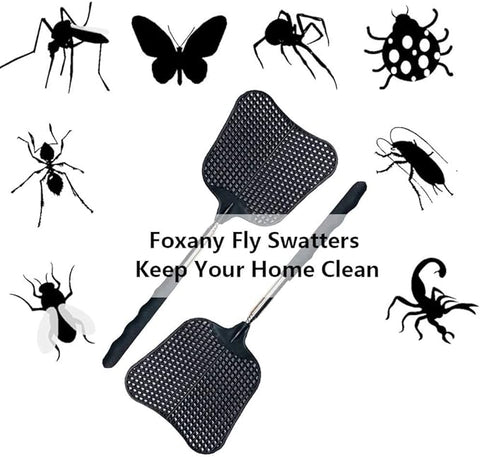 Foxany Telescopic Fly Swatters, Durable Plastic Fly Swatter Heavy Duty Set, Flyswatter with Stainless Steel Handle for Indoor/Outdoor/Classroom (2 Pack)