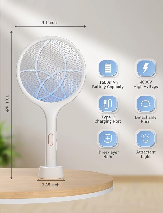 YISSVIC Electric Fly Swatter 4000V Bug Zapper Racket Dual Modes Mosquito Killer with Purple Mosquito Light Rechargeable for Indoor Home Office Backyard Patio Camping (White)