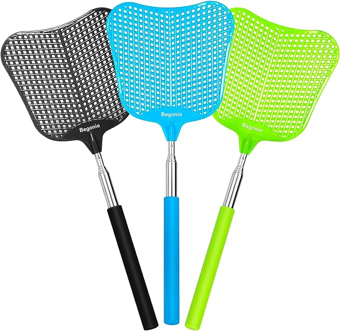 Fly Swatters-Begonia Telescopic Flyswatter Heavey Duty Set with Stainless Steel Extendable Handles. (Fan Style)