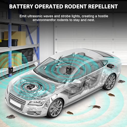 Loraffe Rodent Repellent Ultrasonic Under Hood Animal Repeller Battery Powered Rodent Strobe Light Keep Rat Mice Away from Car Engine Truck Garage Attic Basement Warehouse Barn Shed Vehicle Protection