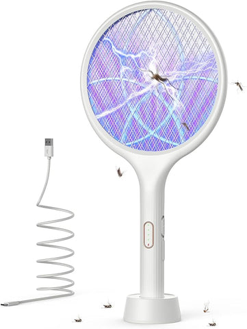 YISSVIC Electric Fly Swatter 4000V Bug Zapper Racket Dual Modes Mosquito Killer with Purple Mosquito Light Rechargeable for Indoor Home Office Backyard Patio Camping (White)