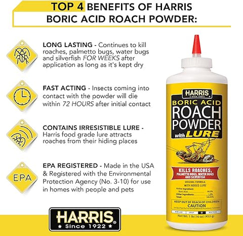 HARRIS Boric Acid Roach and Silverfish Killer Powder w/Lure for Insects (16oz)