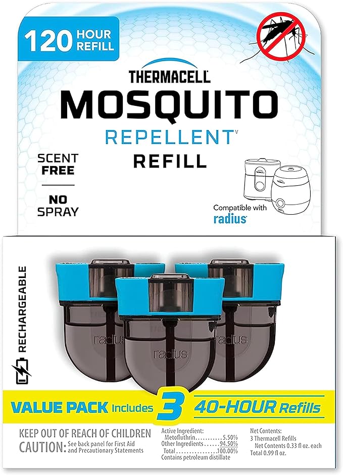 Recambios Repelentes de Mosquitos Recargables Thermacell; La fórmula repelente avanzada proporciona una zona de protección de 20'; Compatible solo con Thermacell E-Series y Radius; Sin DEET, aerosol ni llama 