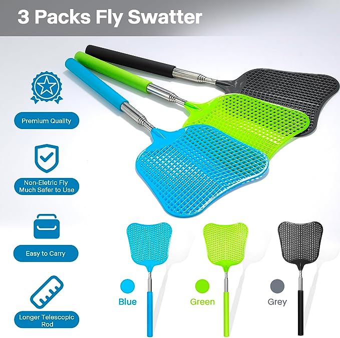 Fly Swatters-Begonia Telescopic Flyswatter Heavey Duty Set with Stainless Steel Extendable Handles. (Fan Style)