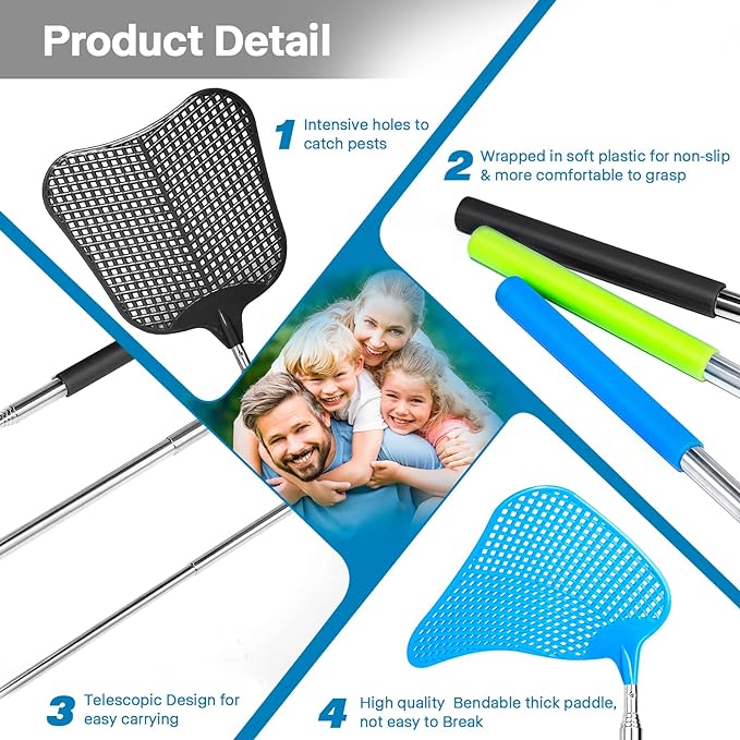 Fly Swatters-Begonia Telescopic Flyswatter Heavey Duty Set with Stainless Steel Extendable Handles. (Fan Style)