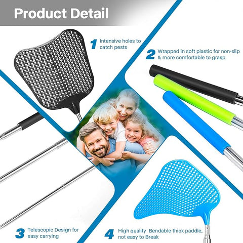 Fly Swatters-Begonia Telescopic Flyswatter Heavey Duty Set with Stainless Steel Extendable Handles. (Fan Style)