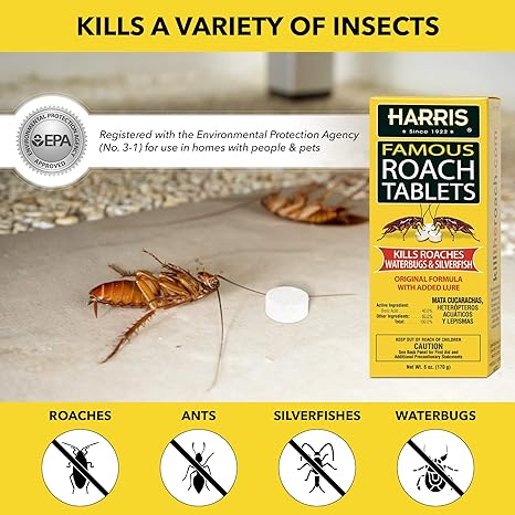 Harris Roach Tablets, Boric Acid Roach and Insects Killer with Lure, Alternative to Bait Traps (6oz, 145 Tablets)