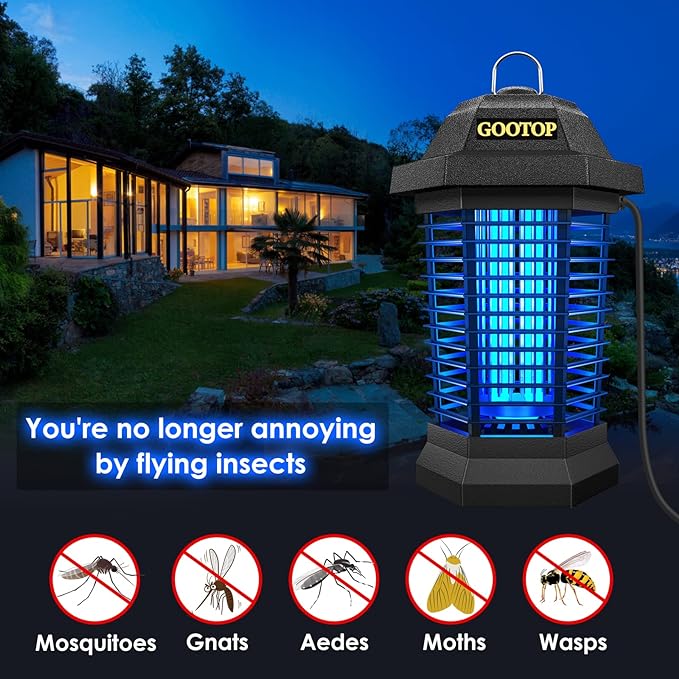 GOOTOP Bug Zapper Outdoor Electric, Mosquito Zapper, Fly Traps, Fly Zapper, Mosquito Killer, 3 Prong Plug, 90-130V, ABS Plastic Outer (Black)