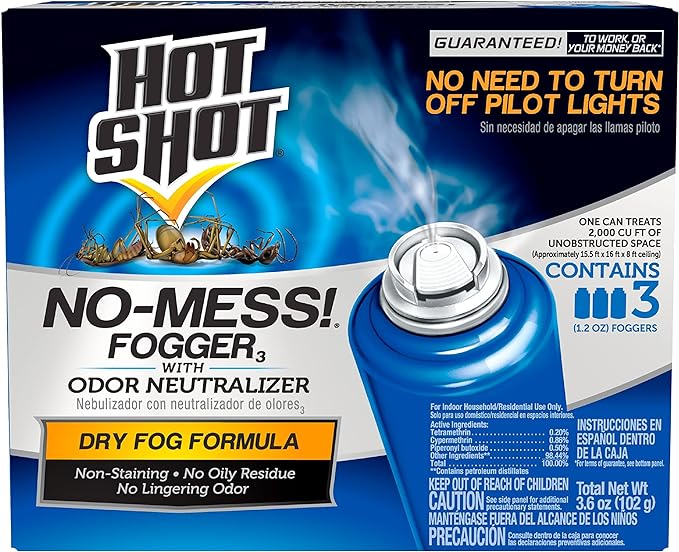 Hot Shot No Mess! Fogger With Odor Neutralizer, Kills Carpenter Ants, Spiders & Fleas, 3 Count, 1.2 Ounce, NULL