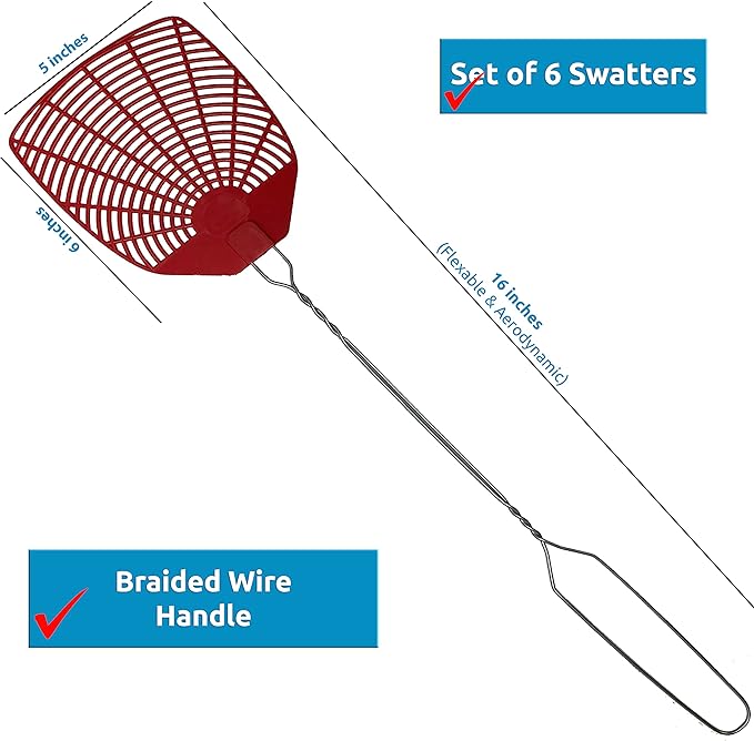 Bug & Fly Swatter – Braided Metal Handle 6 Pack Fly Swatters – Indoor/Outdoor – flyswatter