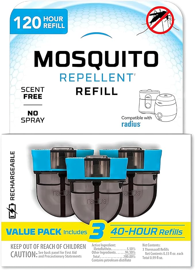 Rechargeable Mosquito Repeller Refills; Advanced Repellent Formula Provides 20’ Protection Zone; Compatible with Thermocell E-Series & Radius Only