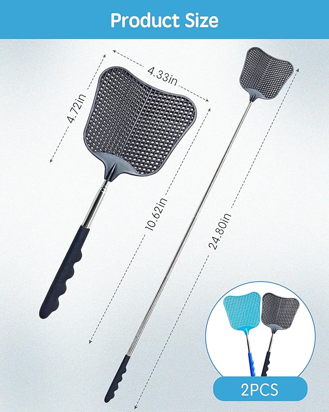 CUNCUI Fly Swatter Heavy Duty Set, with Durable Telescopic Stainless Steel Extendable Handles, for Home, Classroom and Office, 2Pcs, 2 Colors